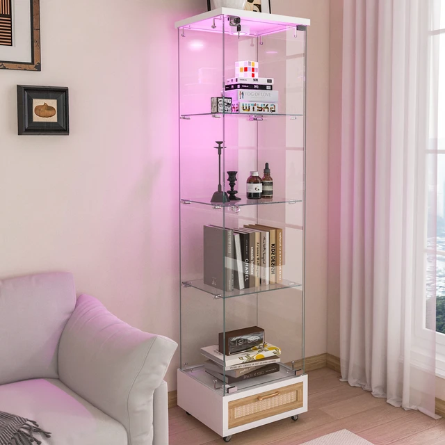 Alt view image 3 of 7 - Modern Glass Display Cabinet with Drawer , Quick-assembly Antique Cabinet with LED lights, Tempered Glass Bookshelf, 1-Door Storage Case with 4 Shelves for Living Room and Bedroom, white and natural
