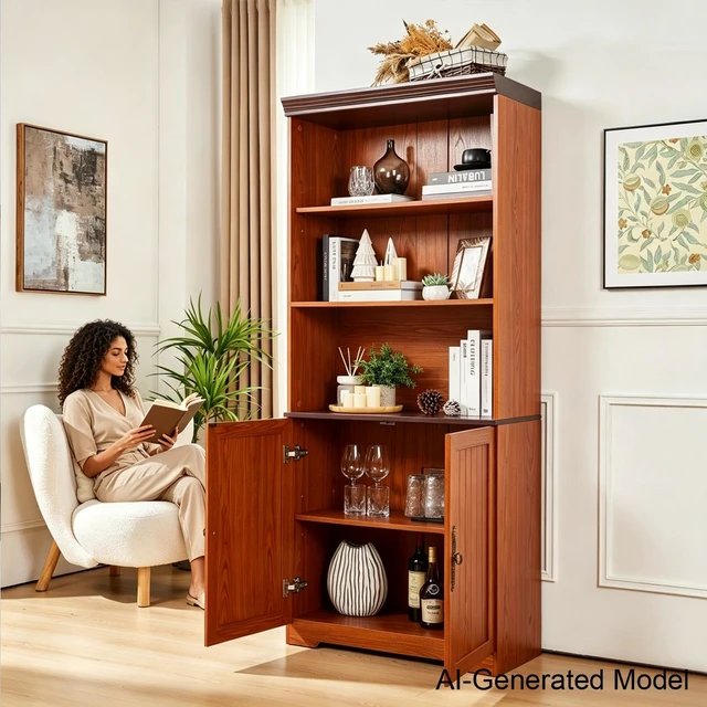 Main image of 70.86"(180cm) Tall Storage Cabinet, 5 Tier Cube Display Cabinet with Adjustable Shelves and Barn Doors, MDF Wood Freestanding Display Bookshelves for Bedroom,Living Room, Kitchen, Pantry, Bar Cabinet