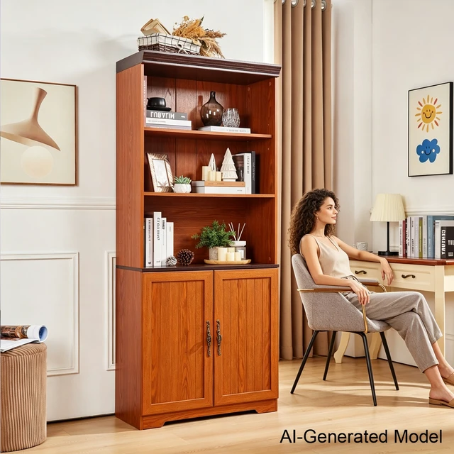 Alt view image 2 of 3 - 70.86"(180cm) Tall Storage Cabinet, 5 Tier Cube Display Cabinet with Adjustable Shelves and Barn Doors, MDF Wood Freestanding Display Bookshelves for Bedroom,Living Room, Kitchen, Pantry, Bar Cabinet