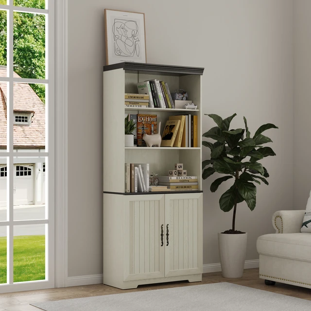 Alt view image 3 of 4 - 70.86"(180cm) Tall Storage Cabinet, 5 Tier Cube Display Cabinet with Adjustable Shelves and Barn Doors, MDF Wood Freestanding Display Bookshelves for Bedroom,Living Room, Kitchen, Pantry, Bar Cabinet