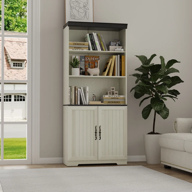 Alt view image 4 of 4 - 70.86"(180cm) Tall Storage Cabinet, 5 Tier Cube Display Cabinet with Adjustable Shelves and Barn Doors, MDF Wood Freestanding Display Bookshelves for Bedroom,Living Room, Kitchen, Pantry, Bar Cabinet