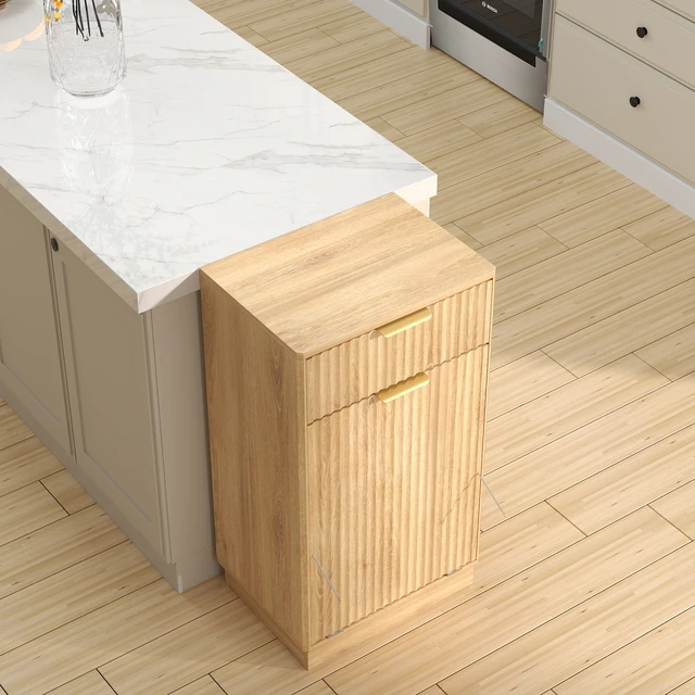 Alt view image 3 of 7 - 10-Gallon Woodgrain Tilt-Out Trash Can Cabinet with Wave-Textured Drawer & Pull-Out Bin - Multipurpose Kitchen/Bath Organizer in Oak Finish