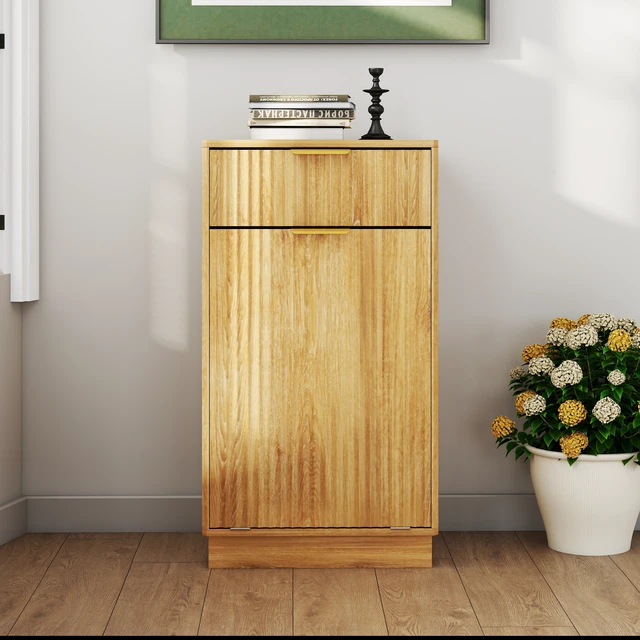 Alt view image 6 of 7 - 10-Gallon Woodgrain Tilt-Out Trash Can Cabinet with Wave-Textured Drawer & Pull-Out Bin - Multipurpose Kitchen/Bath Organizer in Oak Finish