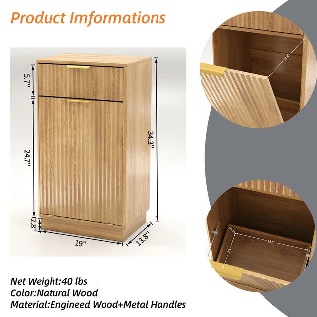 Alt view image 7 of 7 - 10-Gallon Woodgrain Tilt-Out Trash Can Cabinet with Wave-Textured Drawer & Pull-Out Bin - Multipurpose Kitchen/Bath Organizer in Oak Finish