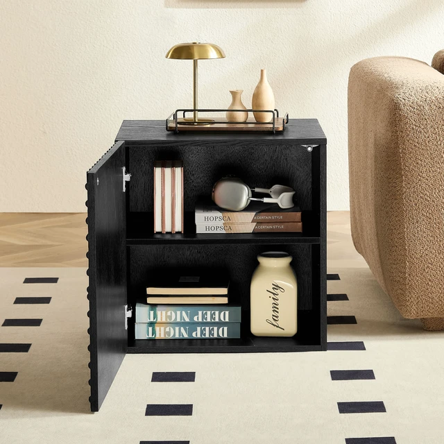 Alt view image 2 of 7 - 20.47'' Wooden Side Cabinet with Geometric Embossed Relief Nightstand with 2 Drawers, Suitable for Bedrooms and Living Rooms,No Need Assembly.BLACK