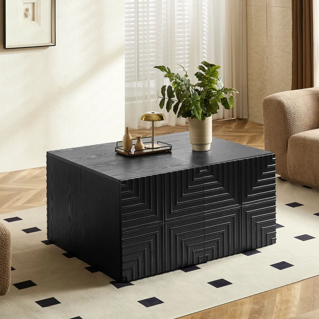 Alt view image 3 of 7 - 20.47'' Wooden Side Cabinet with Geometric Embossed Relief Nightstand with 2 Drawers, Suitable for Bedrooms and Living Rooms,No Need Assembly.BLACK