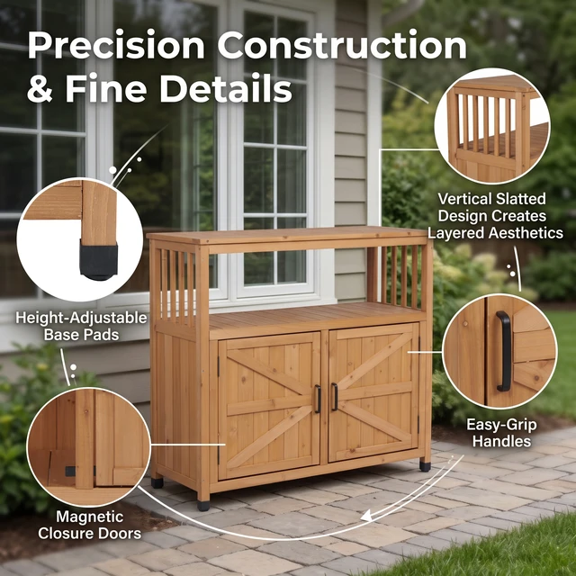 Alt view image 6 of 7 - Wooden Patio Bar Table Set with Storage, Buffet Cabinet Sideboard for Outdoor and Indoor