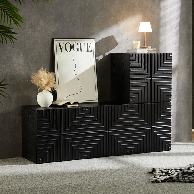 Alt view image 4 of 7 - 20.47'' Wooden Side Cabinet with Geometric Embossed Relief Nightstand with 2 Drawers, Suitable for Bedrooms and Living Rooms,No Need Assembly.BLACK