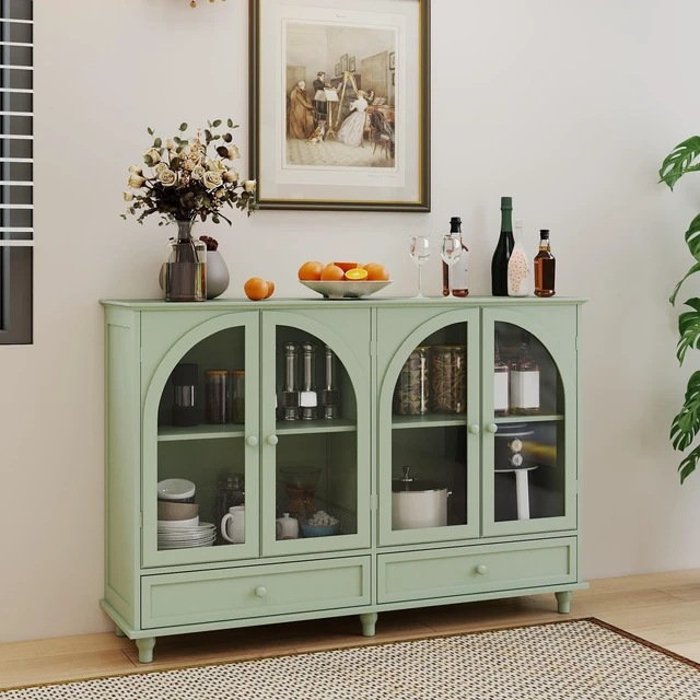 Main image of Green Arched Glass Sideboard Buffet Cabinet, 2 Drawers & 4 Glass Doors Storage Credenza, Display Cabinet with Adjustable Shelves, Modern Kitchen Cupboard for Dining Room Living Room Entryway