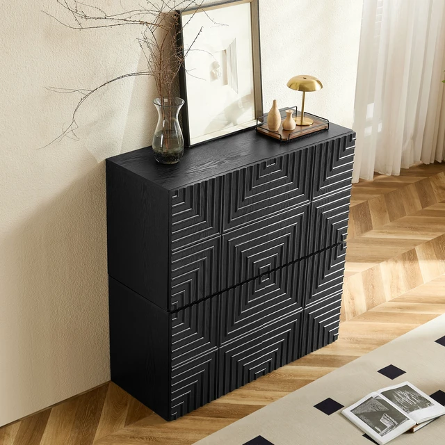 Alt view image 5 of 7 - 20.47'' Wooden Side Cabinet with Geometric Embossed Relief Nightstand with 2 Drawers, Suitable for Bedrooms and Living Rooms,No Need Assembly.BLACK