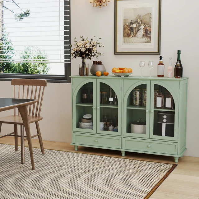 Alt view image 3 of 7 - Green Arched Glass Sideboard Buffet Cabinet, 2 Drawers & 4 Glass Doors Storage Credenza, Display Cabinet with Adjustable Shelves, Modern Kitchen Cupboard for Dining Room Living Room Entryway