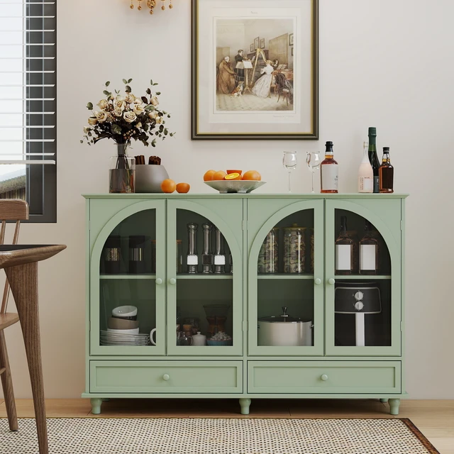 Alt view image 2 of 7 - Green Arched Glass Sideboard Buffet Cabinet, 2 Drawers & 4 Glass Doors Storage Credenza, Display Cabinet with Adjustable Shelves, Modern Kitchen Cupboard for Dining Room Living Room Entryway