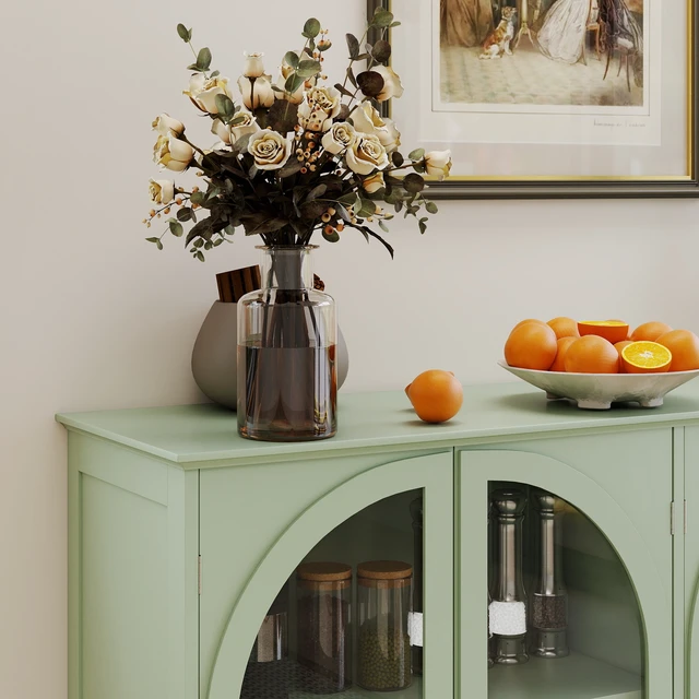 Alt view image 4 of 7 - Green Arched Glass Sideboard Buffet Cabinet, 2 Drawers & 4 Glass Doors Storage Credenza, Display Cabinet with Adjustable Shelves, Modern Kitchen Cupboard for Dining Room Living Room Entryway