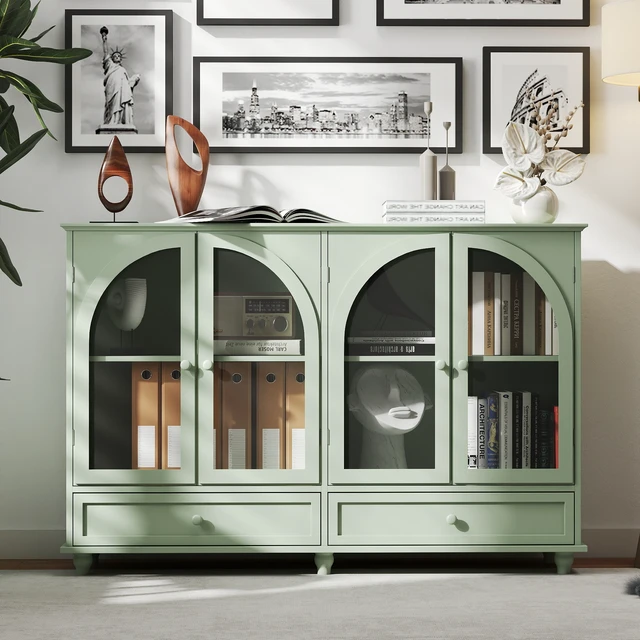 Alt view image 5 of 7 - Green Arched Glass Sideboard Buffet Cabinet, 2 Drawers & 4 Glass Doors Storage Credenza, Display Cabinet with Adjustable Shelves, Modern Kitchen Cupboard for Dining Room Living Room Entryway