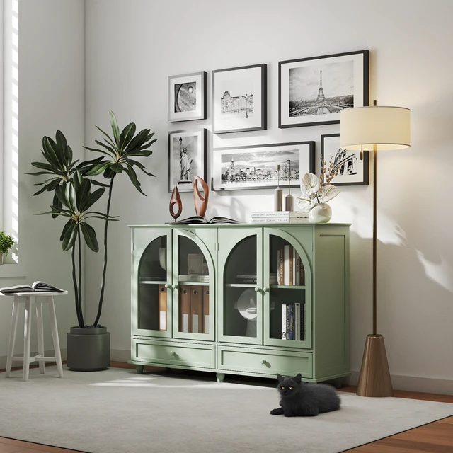 Alt view image 6 of 7 - Green Arched Glass Sideboard Buffet Cabinet, 2 Drawers & 4 Glass Doors Storage Credenza, Display Cabinet with Adjustable Shelves, Modern Kitchen Cupboard for Dining Room Living Room Entryway