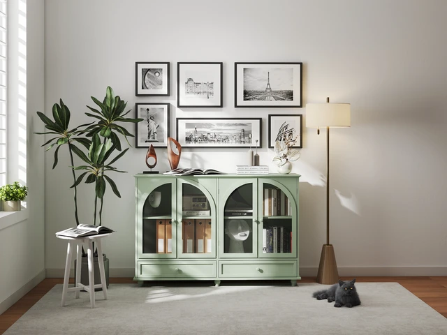 Alt view image 7 of 7 - Green Arched Glass Sideboard Buffet Cabinet, 2 Drawers & 4 Glass Doors Storage Credenza, Display Cabinet with Adjustable Shelves, Modern Kitchen Cupboard for Dining Room Living Room Entryway