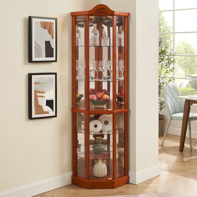 Main image of Glass Cabinet Lighted Corner Cabinet Corner Display Curio Cabinet, Glass Display With Light(Included)Bar Cabinet,Wine Cabinet with Adjustable Glass Shelves Carved Decoration OAK Light(Included)