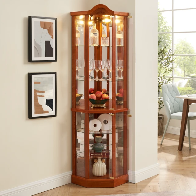 Alt view image 2 of 4 - Glass Cabinet Lighted Corner Cabinet Corner Display Curio Cabinet, Glass Display With Light(Included)Bar Cabinet,Wine Cabinet with Adjustable Glass Shelves Carved Decoration OAK Light(Included)