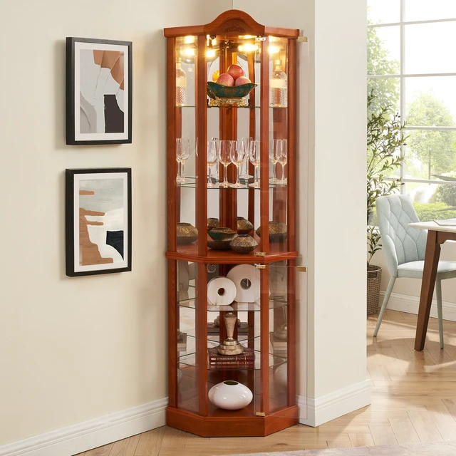 Alt view image 3 of 4 - Glass Cabinet Lighted Corner Cabinet Corner Display Curio Cabinet, Glass Display With Light(Included)Bar Cabinet,Wine Cabinet with Adjustable Glass Shelves Carved Decoration OAK Light(Included)