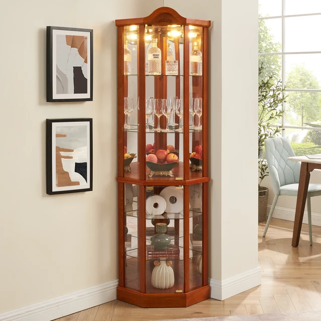 Alt view image 4 of 4 - Glass Cabinet Lighted Corner Cabinet Corner Display Curio Cabinet, Glass Display With Light(Included)Bar Cabinet,Wine Cabinet with Adjustable Glass Shelves Carved Decoration OAK Light(Included)