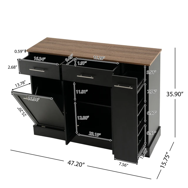 Alt view image 2 of 7 - Modern Sideboard Buffet Cabinet with Drawers & Pull-Out Storage Rack, Black MDF Frame with Natural Wood Top, Freestanding Kitchen Dining Room Coffee Bar Storage Cabinet