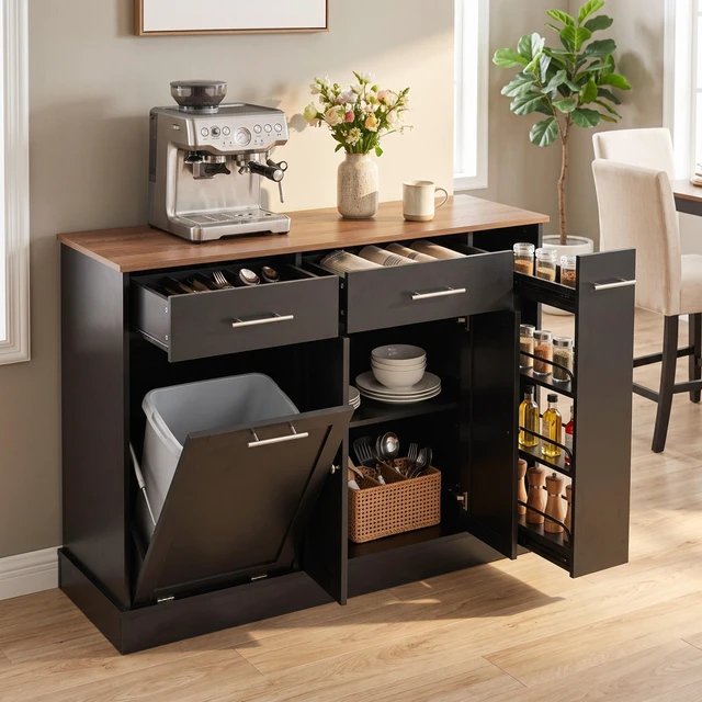 Main image of Modern Sideboard Buffet Cabinet with Drawers & Pull-Out Storage Rack, Black MDF Frame with Natural Wood Top, Freestanding Kitchen Dining Room Coffee Bar Storage Cabinet