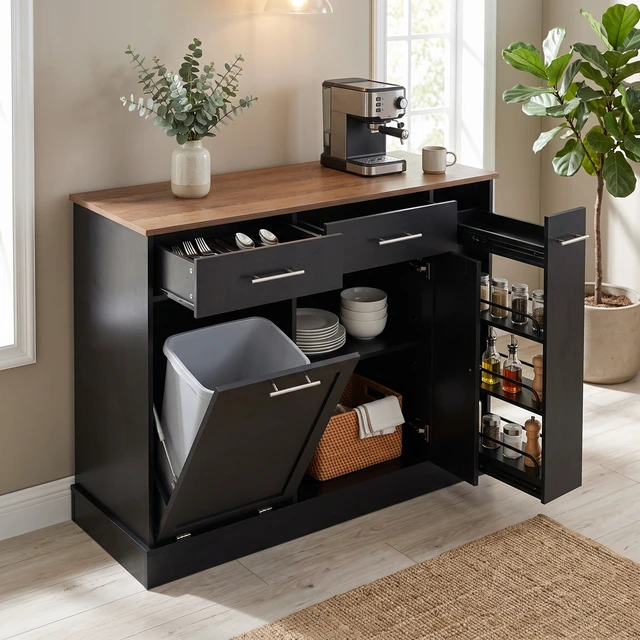 Alt view image 4 of 7 - Modern Sideboard Buffet Cabinet with Drawers & Pull-Out Storage Rack, Black MDF Frame with Natural Wood Top, Freestanding Kitchen Dining Room Coffee Bar Storage Cabinet