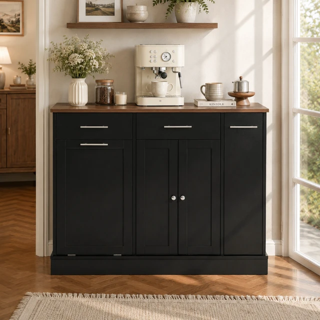 Alt view image 3 of 7 - Modern Sideboard Buffet Cabinet with Drawers & Pull-Out Storage Rack, Black MDF Frame with Natural Wood Top, Freestanding Kitchen Dining Room Coffee Bar Storage Cabinet