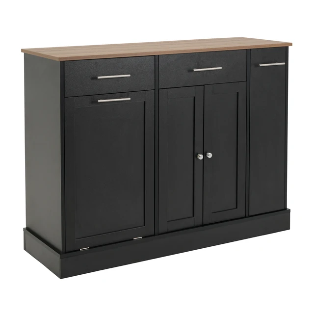 Alt view image 5 of 7 - Modern Sideboard Buffet Cabinet with Drawers & Pull-Out Storage Rack, Black MDF Frame with Natural Wood Top, Freestanding Kitchen Dining Room Coffee Bar Storage Cabinet