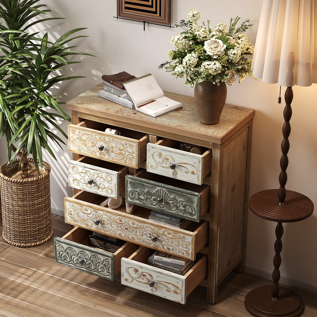 Alt view image 5 of 7 - Vintage Wooden Accent Chest with 6 Drawers, Rustic Multicolor Carved Storage Dresser for Bedroom, Living Room, Farmhouse Style Decor (25.59" L x 12.6" W x 33.07" H)