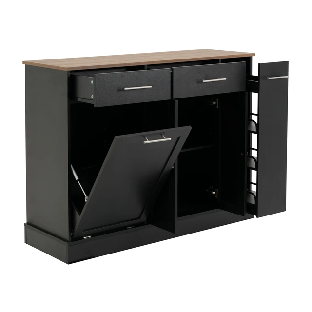 Alt view image 6 of 7 - Modern Sideboard Buffet Cabinet with Drawers & Pull-Out Storage Rack, Black MDF Frame with Natural Wood Top, Freestanding Kitchen Dining Room Coffee Bar Storage Cabinet