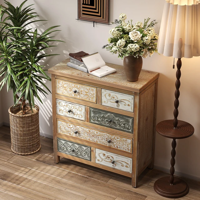Alt view image 4 of 7 - Vintage Wooden Accent Chest with 6 Drawers, Rustic Multicolor Carved Storage Dresser for Bedroom, Living Room, Farmhouse Style Decor (25.59" L x 12.6" W x 33.07" H)