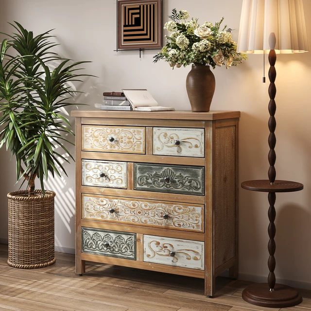 Alt view image 3 of 7 - Vintage Wooden Accent Chest with 6 Drawers, Rustic Multicolor Carved Storage Dresser for Bedroom, Living Room, Farmhouse Style Decor (25.59" L x 12.6" W x 33.07" H)
