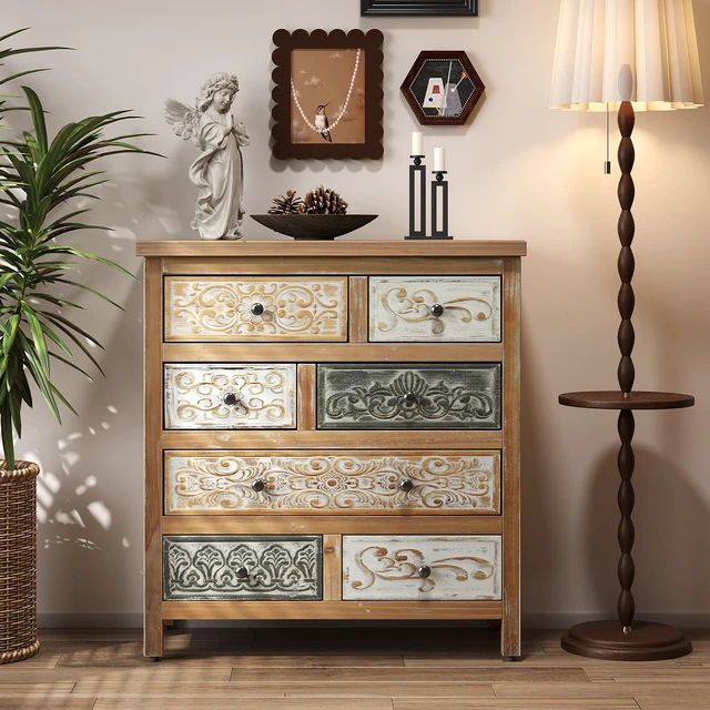 Main image of Vintage Wooden Accent Chest with 6 Drawers, Rustic Multicolor Carved Storage Dresser for Bedroom, Living Room, Farmhouse Style Decor (25.59" L x 12.6" W x 33.07" H)