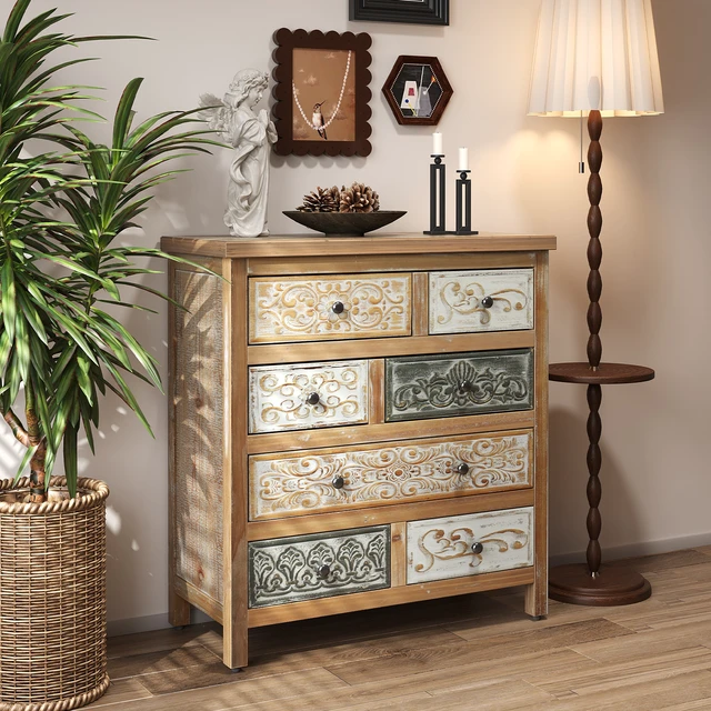 Alt view image 2 of 7 - Vintage Wooden Accent Chest with 6 Drawers, Rustic Multicolor Carved Storage Dresser for Bedroom, Living Room, Farmhouse Style Decor (25.59" L x 12.6" W x 33.07" H)
