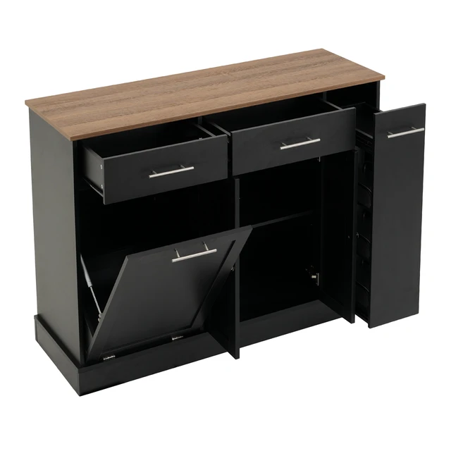 Alt view image 7 of 7 - Modern Sideboard Buffet Cabinet with Drawers & Pull-Out Storage Rack, Black MDF Frame with Natural Wood Top, Freestanding Kitchen Dining Room Coffee Bar Storage Cabinet
