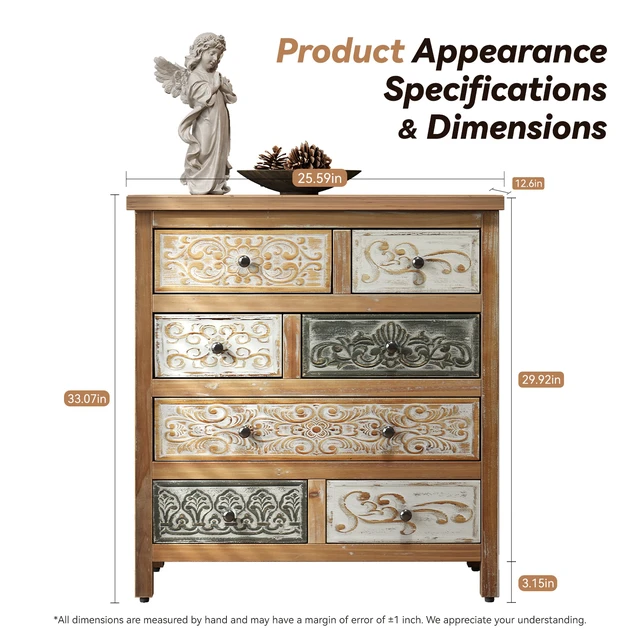 Alt view image 7 of 7 - Vintage Wooden Accent Chest with 6 Drawers, Rustic Multicolor Carved Storage Dresser for Bedroom, Living Room, Farmhouse Style Decor (25.59" L x 12.6" W x 33.07" H)
