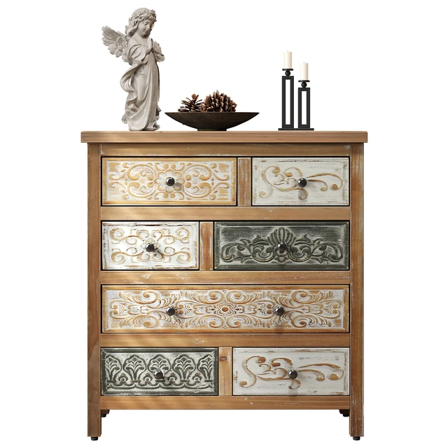 Alt view image 6 of 7 - Vintage Wooden Accent Chest with 6 Drawers, Rustic Multicolor Carved Storage Dresser for Bedroom, Living Room, Farmhouse Style Decor (25.59" L x 12.6" W x 33.07" H)