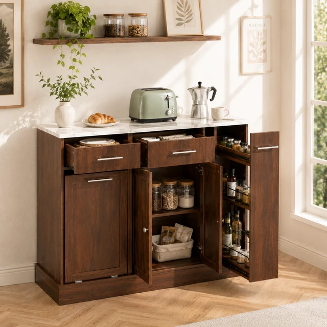 Main image of Modern Sideboard Buffet Cabinet with White Faux Marble Top, Brown Wood Grain MDF Storage Cabinet with Drawers & Pull-Out Wine Rack, Freestanding Kitchen Dining Room Coffee Bar Cabinet