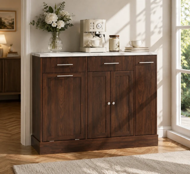 Alt view image 4 of 7 - Modern Sideboard Buffet Cabinet with White Faux Marble Top, Brown Wood Grain MDF Storage Cabinet with Drawers & Pull-Out Wine Rack, Freestanding Kitchen Dining Room Coffee Bar Cabinet