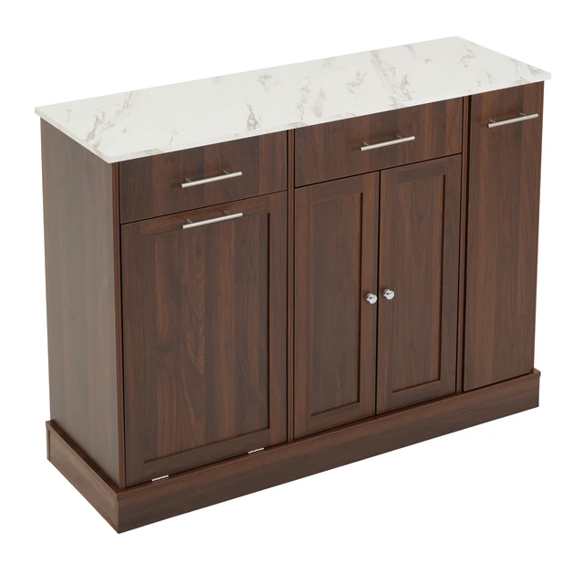 Alt view image 5 of 7 - Modern Sideboard Buffet Cabinet with White Faux Marble Top, Brown Wood Grain MDF Storage Cabinet with Drawers & Pull-Out Wine Rack, Freestanding Kitchen Dining Room Coffee Bar Cabinet