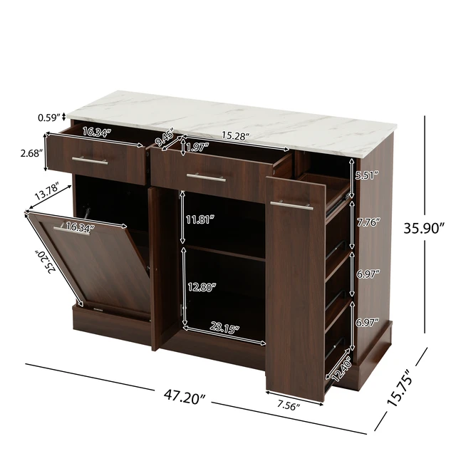 Alt view image 2 of 7 - Modern Sideboard Buffet Cabinet with White Faux Marble Top, Brown Wood Grain MDF Storage Cabinet with Drawers & Pull-Out Wine Rack, Freestanding Kitchen Dining Room Coffee Bar Cabinet