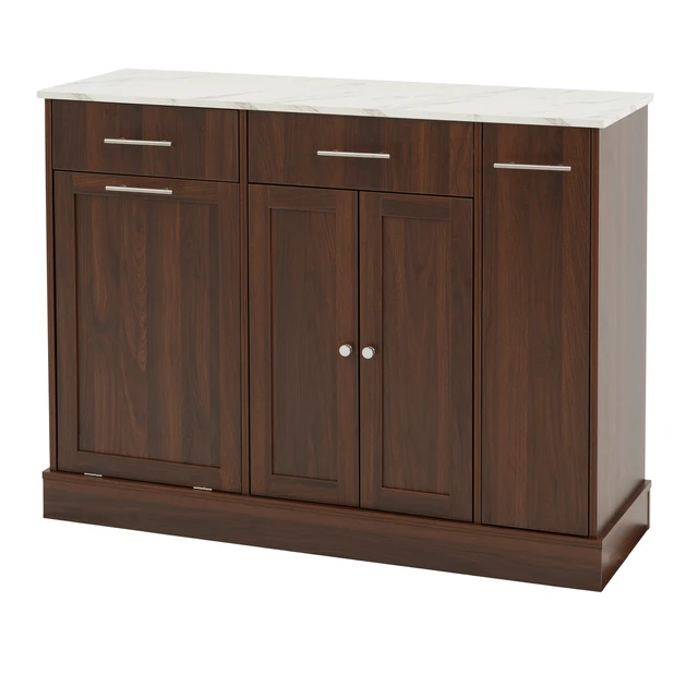 Alt view image 7 of 7 - Modern Sideboard Buffet Cabinet with White Faux Marble Top, Brown Wood Grain MDF Storage Cabinet with Drawers & Pull-Out Wine Rack, Freestanding Kitchen Dining Room Coffee Bar Cabinet