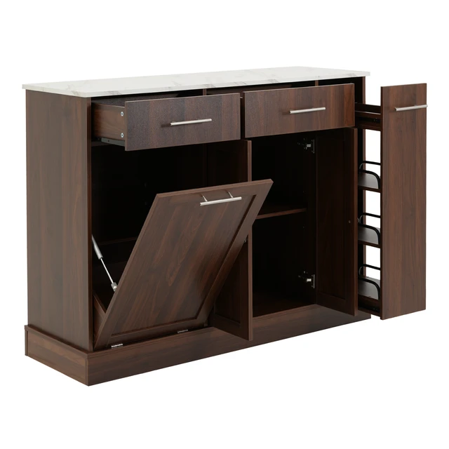 Alt view image 6 of 7 - Modern Sideboard Buffet Cabinet with White Faux Marble Top, Brown Wood Grain MDF Storage Cabinet with Drawers & Pull-Out Wine Rack, Freestanding Kitchen Dining Room Coffee Bar Cabinet