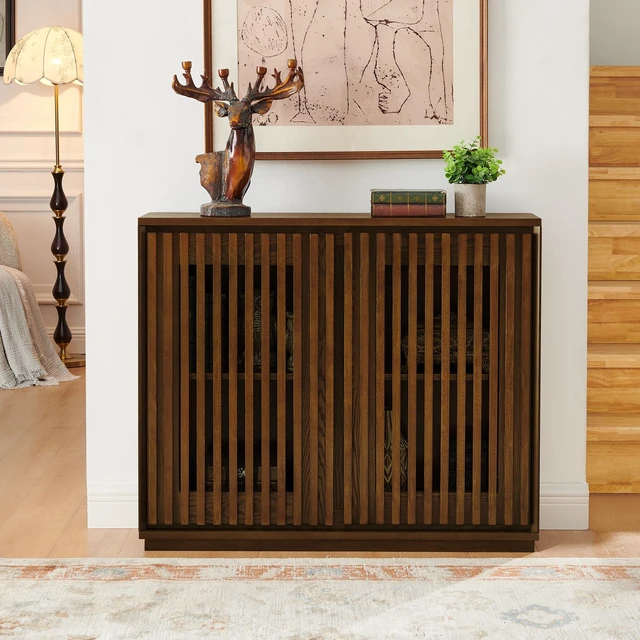 Main image of Mid Century Modern Fluted Hollowed Out Sideboard Cabinet with 2 Outlet Holes, Buffet Cabinet with Storage, Walnut Storage Cabinet for Living Room, Entryway, Hallway, Dining Room, Kitchen