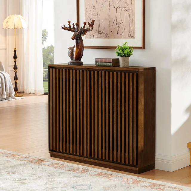 Alt view image 2 of 7 - Mid Century Modern Fluted Hollowed Out Sideboard Cabinet with 2 Outlet Holes, Buffet Cabinet with Storage, Walnut Storage Cabinet for Living Room, Entryway, Hallway, Dining Room, Kitchen