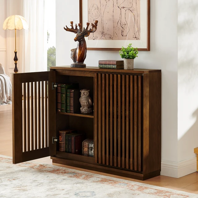 Alt view image 3 of 7 - Mid Century Modern Fluted Hollowed Out Sideboard Cabinet with 2 Outlet Holes, Buffet Cabinet with Storage, Walnut Storage Cabinet for Living Room, Entryway, Hallway, Dining Room, Kitchen