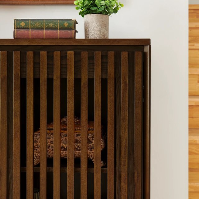 Alt view image 4 of 7 - Mid Century Modern Fluted Hollowed Out Sideboard Cabinet with 2 Outlet Holes, Buffet Cabinet with Storage, Walnut Storage Cabinet for Living Room, Entryway, Hallway, Dining Room, Kitchen