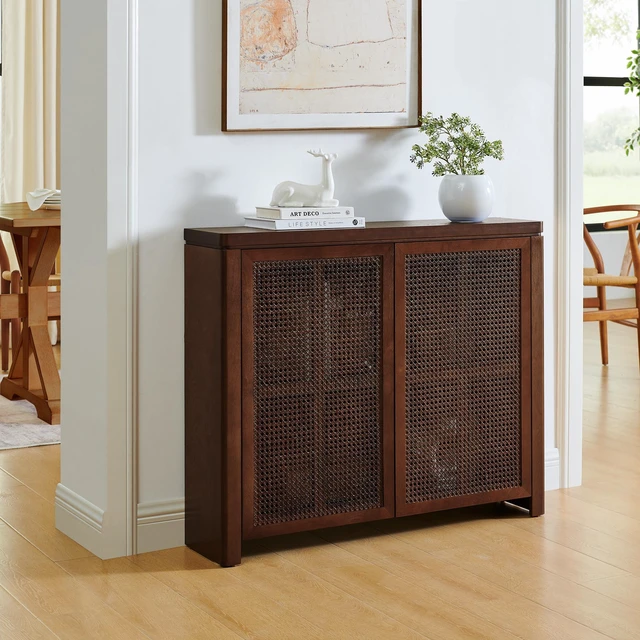 Main image of 39.4" Mid Century Modern Rattan Sideboard Buffet Cabinet with 2 Outlet Holes, Coffee Bar Wine Bar Credenza, Retro Storage Cabinet for Entryway, Hallway, Living Room, Kitchen, Dining Room, Walnut