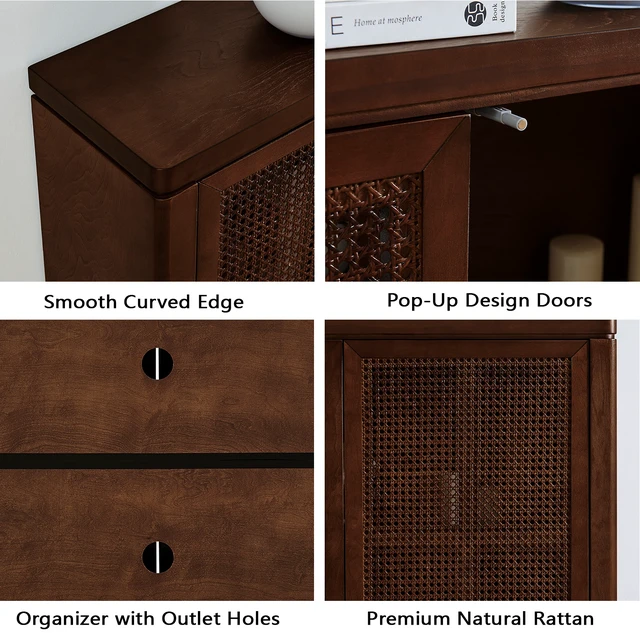 Alt view image 5 of 7 - 39.4" Mid Century Modern Rattan Sideboard Buffet Cabinet with 2 Outlet Holes, Coffee Bar Wine Bar Credenza, Retro Storage Cabinet for Entryway, Hallway, Living Room, Kitchen, Dining Room, Walnut